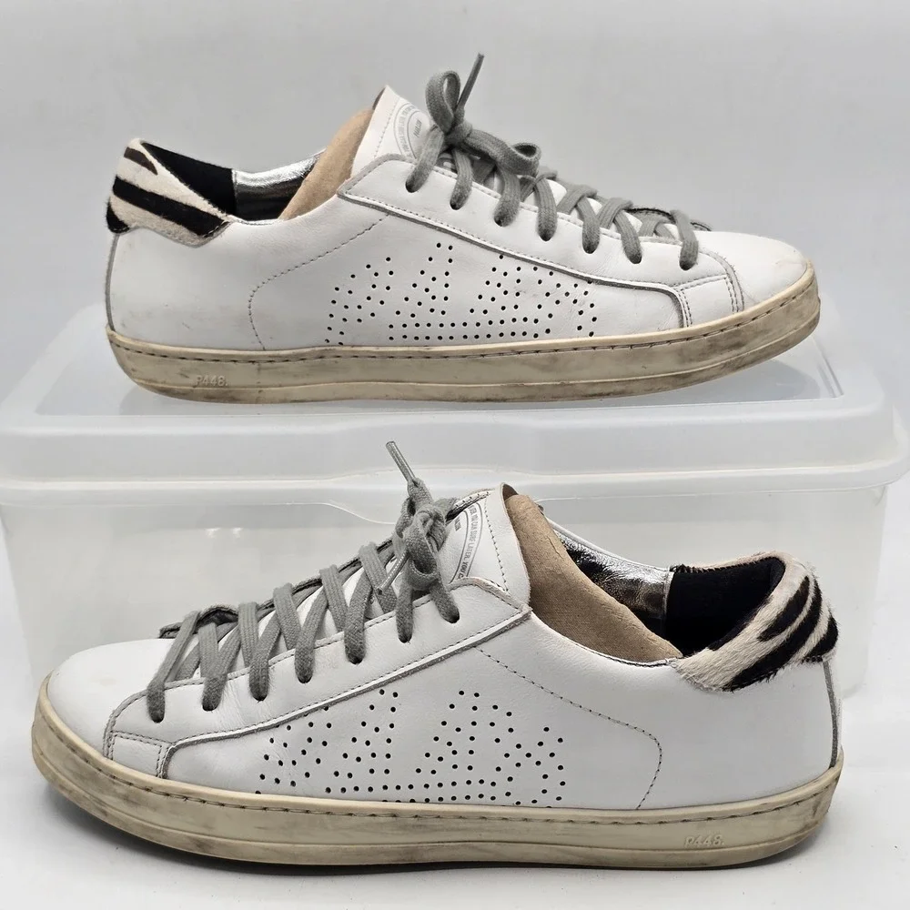P448 Shoes Womens Size 7.5 White Lace Up Low Top Sneakers Zebra Heel Italy